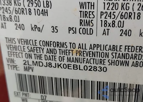 2014 Lincoln Mkx из США, поврежденный, VIN 2LMDJ8JK0EBL02830